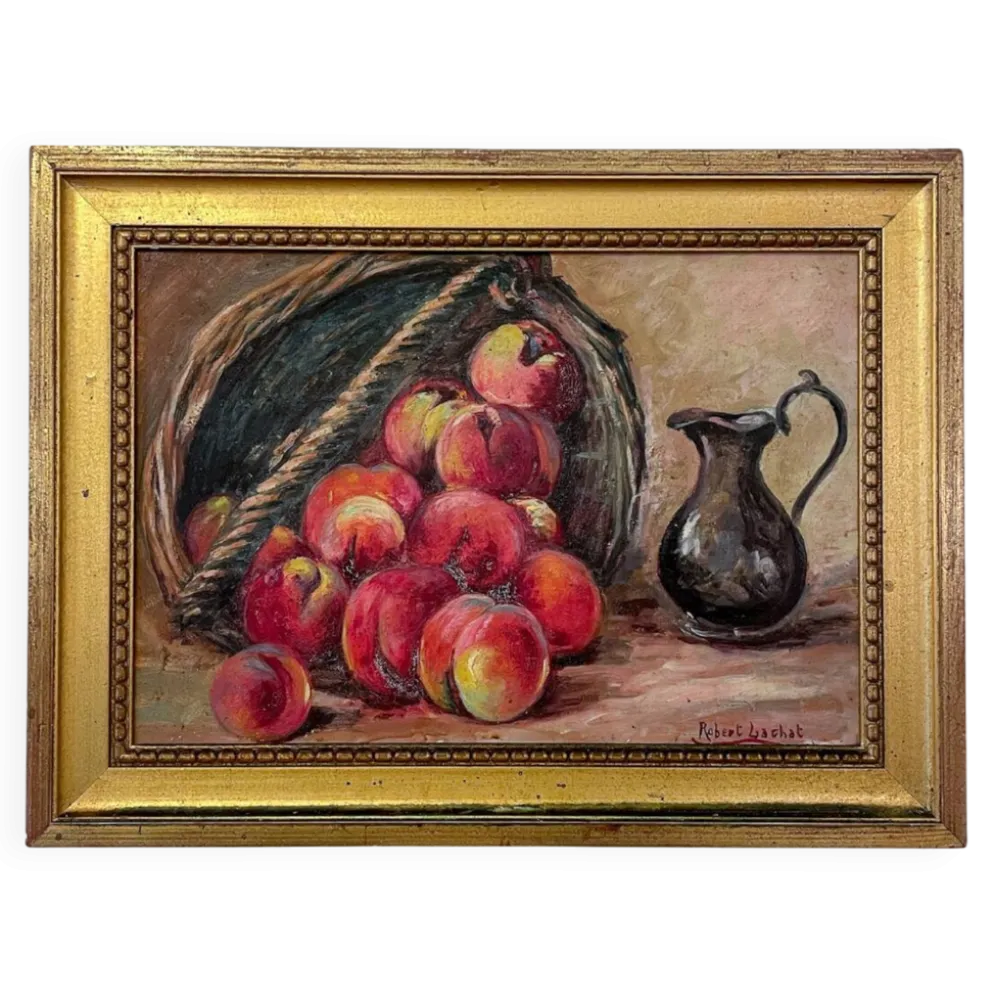 Nature morte - Panier de pêches et pichet