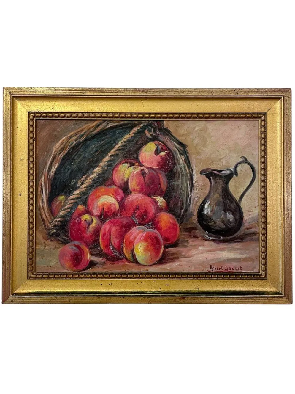 Nature morte - Panier de pêches et pichet