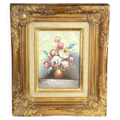 Nature morte, peinture sur isorel, encadrement en bois et stuc