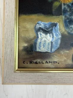 Nature morte vintage aux fleurs et pipes – Huile sur toile signée C. Riella