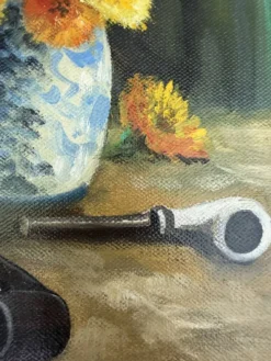 Nature morte vintage aux fleurs et pipes – Huile sur toile signée C. Riella
