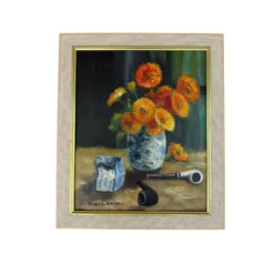 Nature morte vintage aux fleurs et pipes – Huile sur toile signée C. Riella