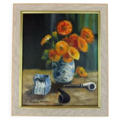 Nature morte vintage aux fleurs et pipes – Huile sur toile signée C. Riella