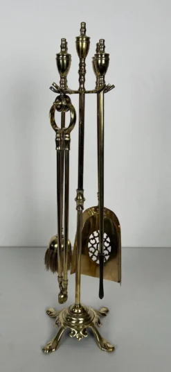 Nécessaire de Feu de Style Néoclassique en Laiton Poli à Outils à Anneaux