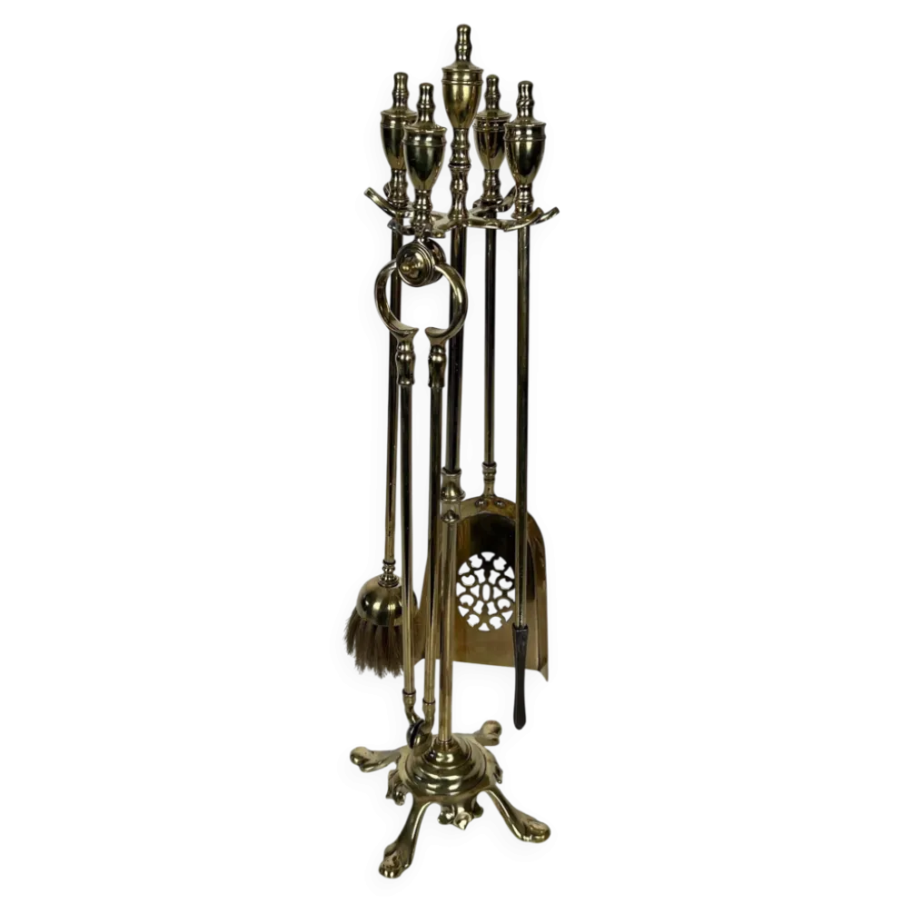 Nécessaire de Feu de Style Néoclassique en Laiton Poli à Outils à Anneaux