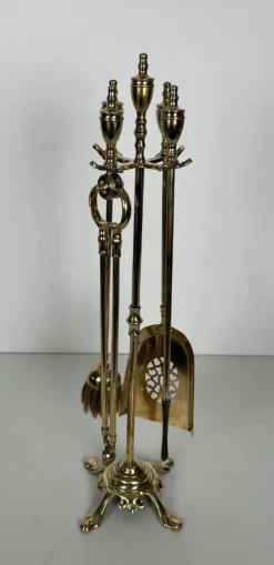 Nécessaire de Feu de Style Néoclassique en Laiton Poli à Outils à Anneaux