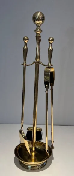 Nécessaire de Feu Néoclassique en Laiton Poli sur Support Columnaire à Base