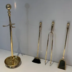 Nécessaire de Feu Néoclassique en Laiton Poli sur Support Columnaire à Base