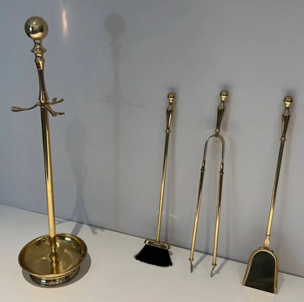 Nécessaire de Feu Néoclassique en Laiton Poli sur Support Columnaire à Base