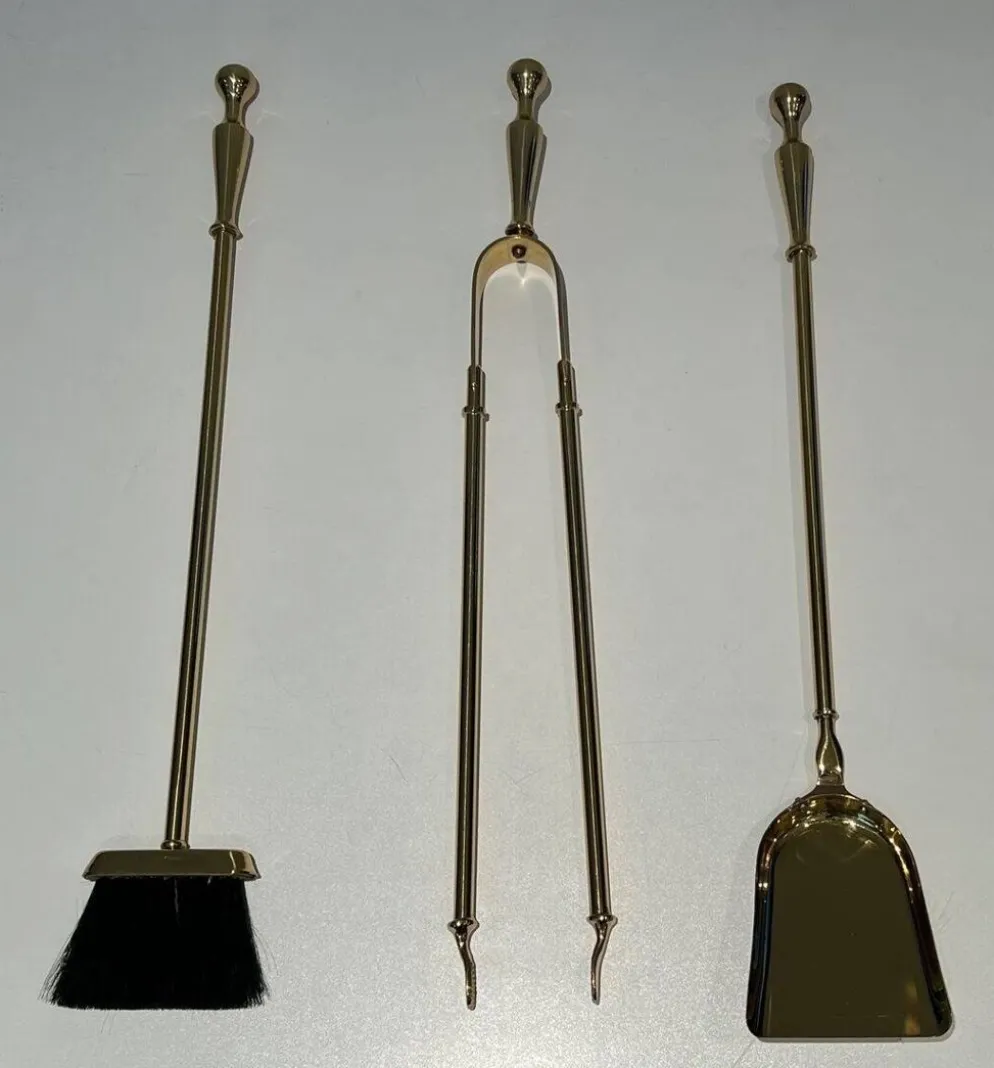 Nécessaire de Feu Néoclassique en Laiton Poli sur Support Columnaire à Base