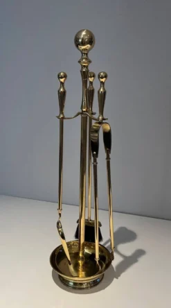 Nécessaire de Feu Néoclassique en Laiton Poli sur Support Columnaire à Base