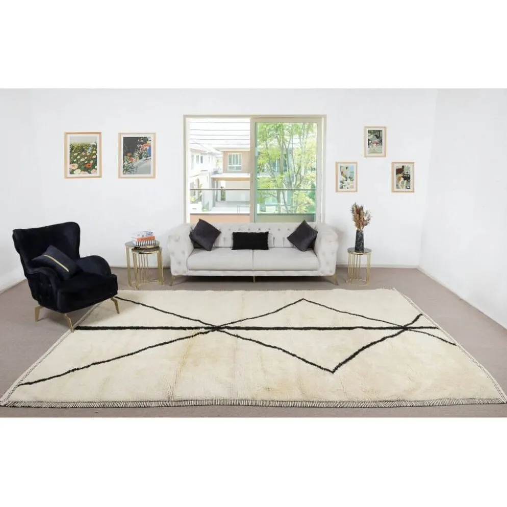 Nouveau tapis "Tulu" fait main, 100 % laine naturelle non teinte, couleurs beige et noir.