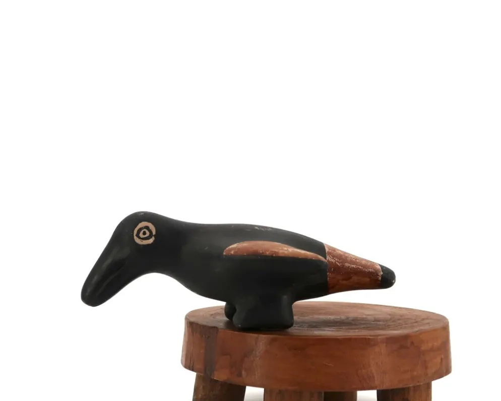 Oiseau folk noir et marron en céramique, Mexique Pérou années 70