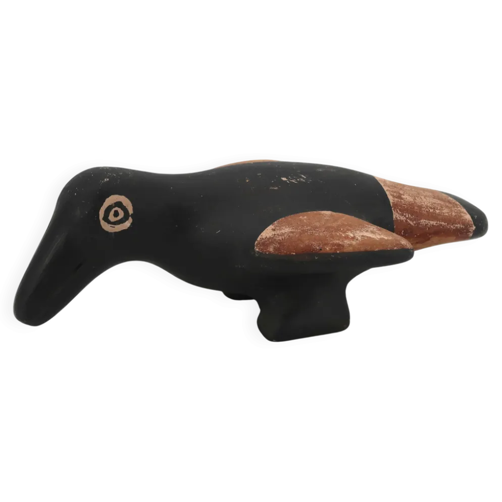 Oiseau folk noir et marron en céramique, Mexique Pérou années 70