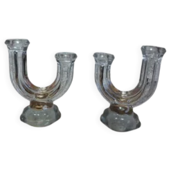 Paire de bougeoirs doubles Art Déco verre pressé moulé 1930