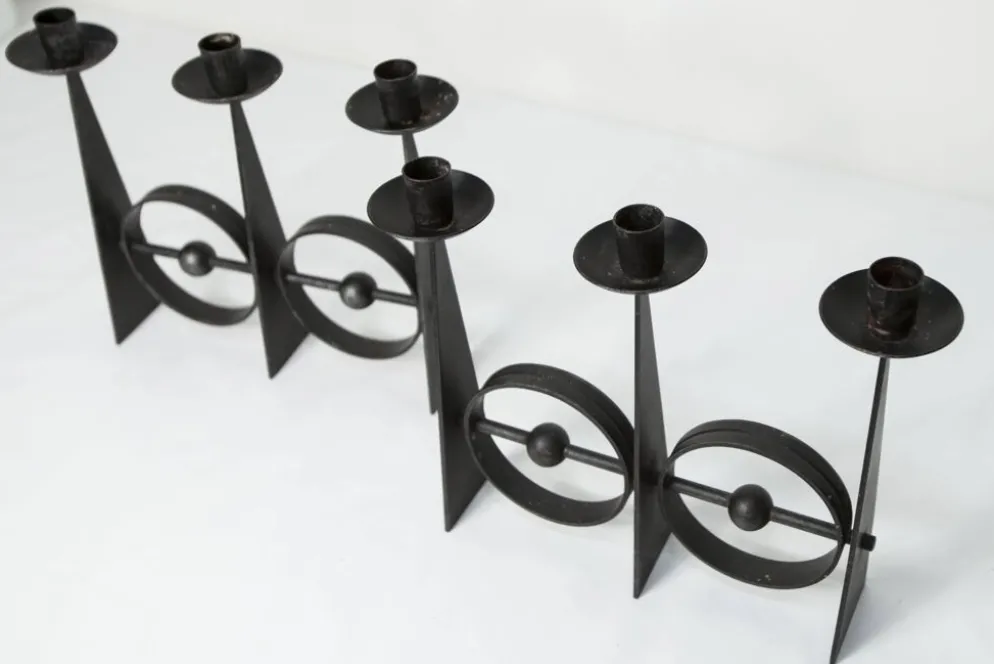 Paire de chandeliers scandinaves en fer forgé brutaliste à 3 lumières 1960