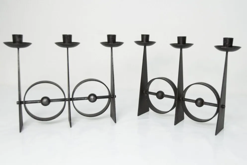 Paire de chandeliers scandinaves en fer forgé brutaliste à 3 lumières 1960