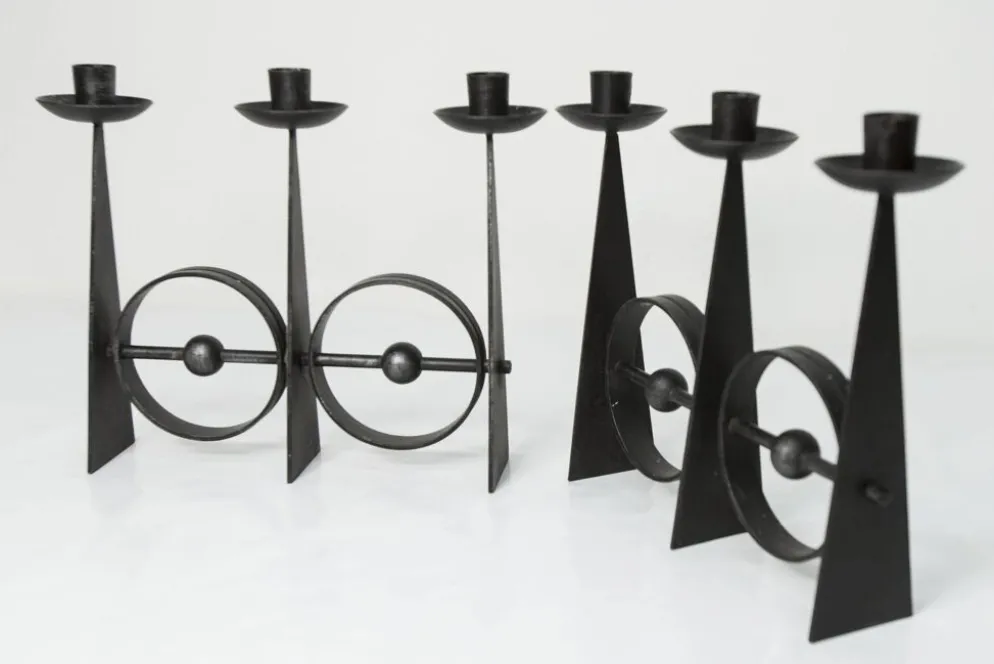 Paire de chandeliers scandinaves en fer forgé brutaliste à 3 lumières 1960