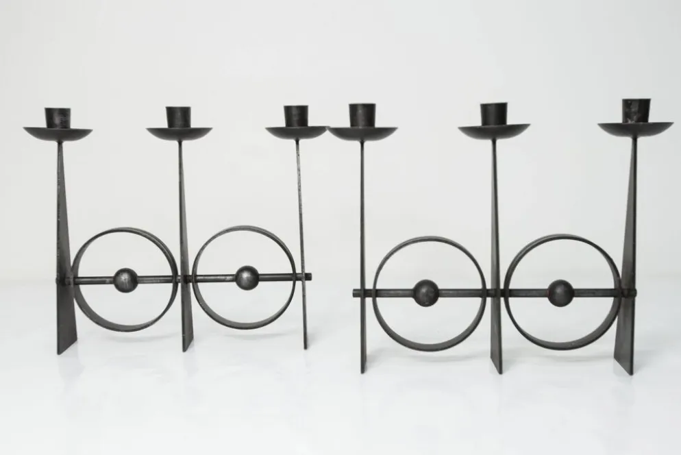 Paire de chandeliers scandinaves en fer forgé brutaliste à 3 lumières 1960