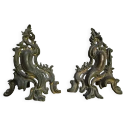 Paire de chenets anciens en bronze français, style Louis XV, vers 1880–1900