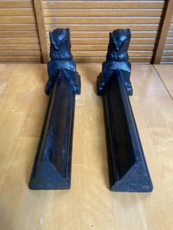Paire de chenets cheminée raphaël tête homme fonte noire vintage #e236