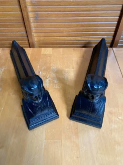 Paire de chenets cheminée raphaël tête homme fonte noire vintage #e236