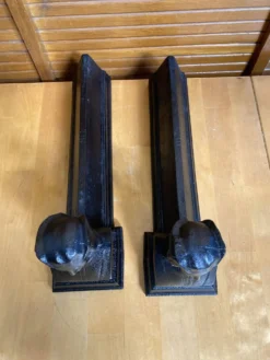 Paire de chenets cheminée raphaël tête homme fonte noire vintage #e236