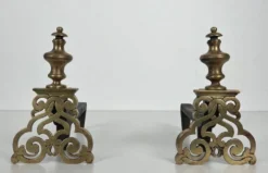 Paire de Chenets en Bronze Ciselé et Fer Forgé de Style Louis XV