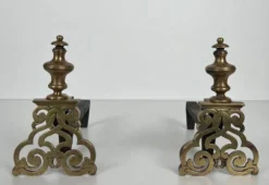 Paire de Chenets en Bronze Ciselé et Fer Forgé de Style Louis XV