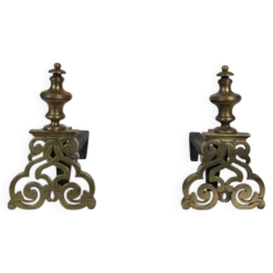 Paire de Chenets en Bronze Ciselé et Fer Forgé de Style Louis XV