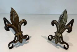 Paire de chenets en bronze et fer forgé fleur de lys, France