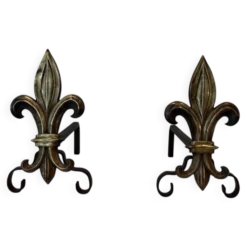 Paire de chenets en bronze et fer forgé fleur de lys, France