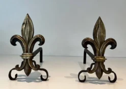 Paire de chenets en bronze et fer forgé fleur de lys, France