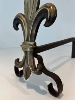 Paire de chenets en bronze et fer forgé fleur de lys, France