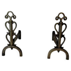 Paire de Chenets en Laiton et Fer Forgé à Flambeaux à Triple Volute et Mont