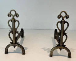 Paire de Chenets en Laiton et Fer Forgé à Flambeaux à Triple Volute et Mont