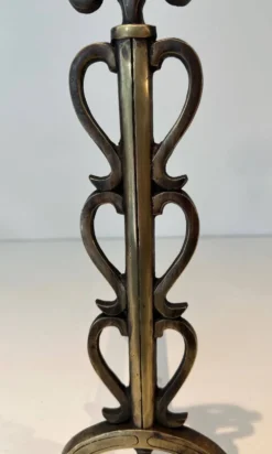 Paire de Chenets en Laiton et Fer Forgé à Colonnes de Volutes et Bases Arqu