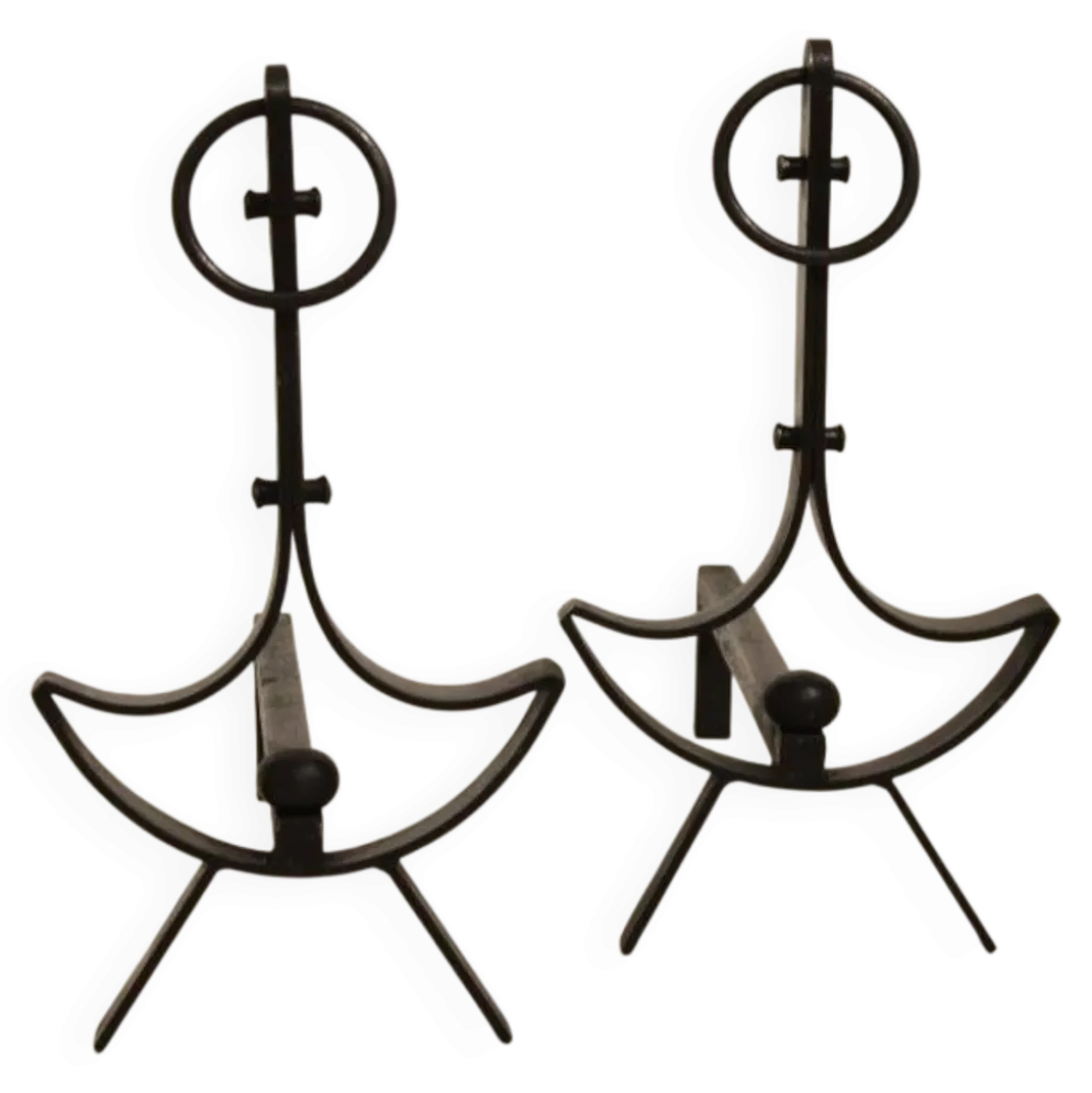 Paire de chenets moderniste en fer forgé