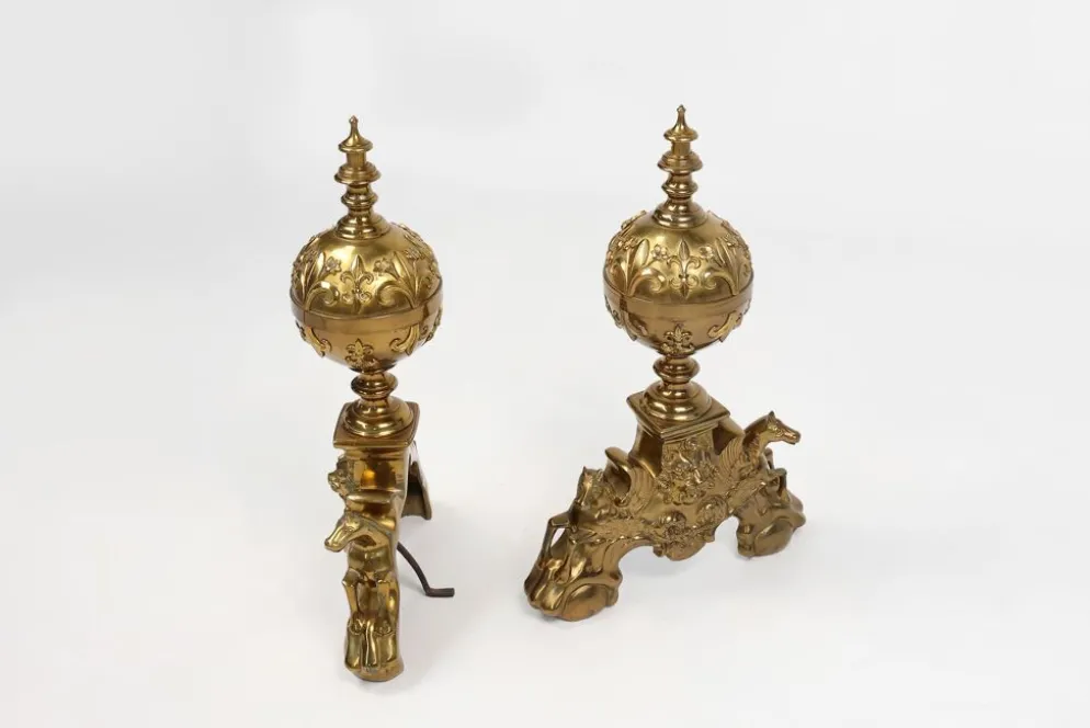 Paire de chenets néoclassique en cuivre du 20ème siècle, France, 1940, ensemble de 2