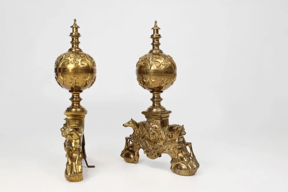 Paire de chenets néoclassique en cuivre du 20ème siècle, France, 1940, ensemble de 2