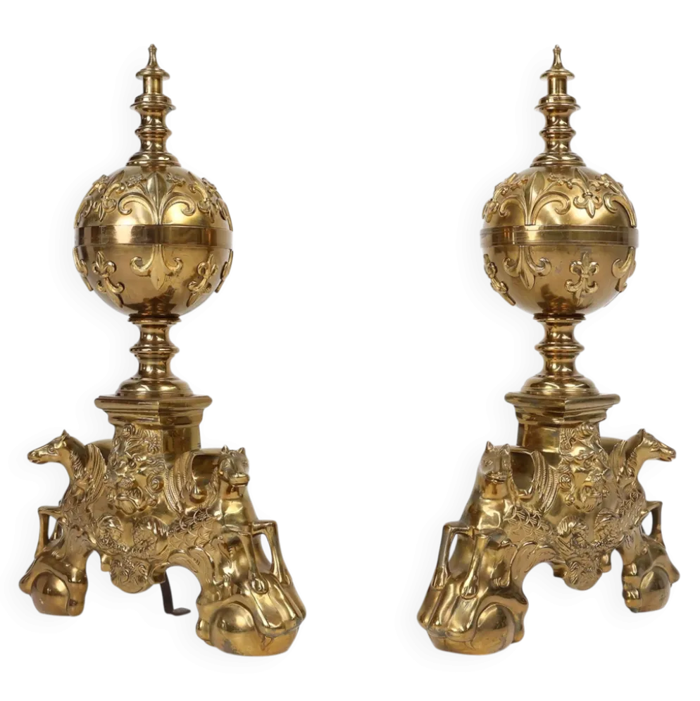 Paire de chenets néoclassique en cuivre du 20ème siècle, France, 1940, ensemble de 2
