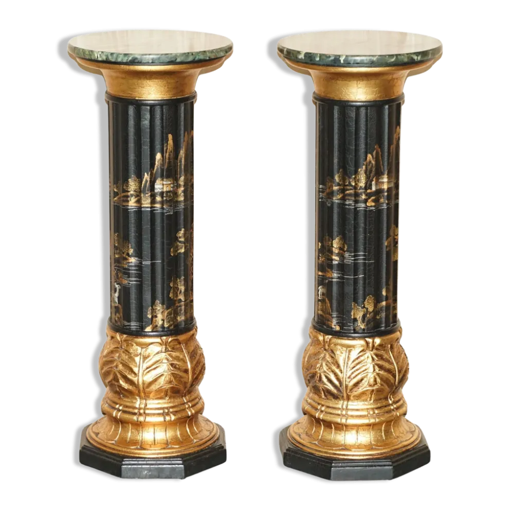 Paire de colonnes torchères laquées style néoclassique Chinoiserie