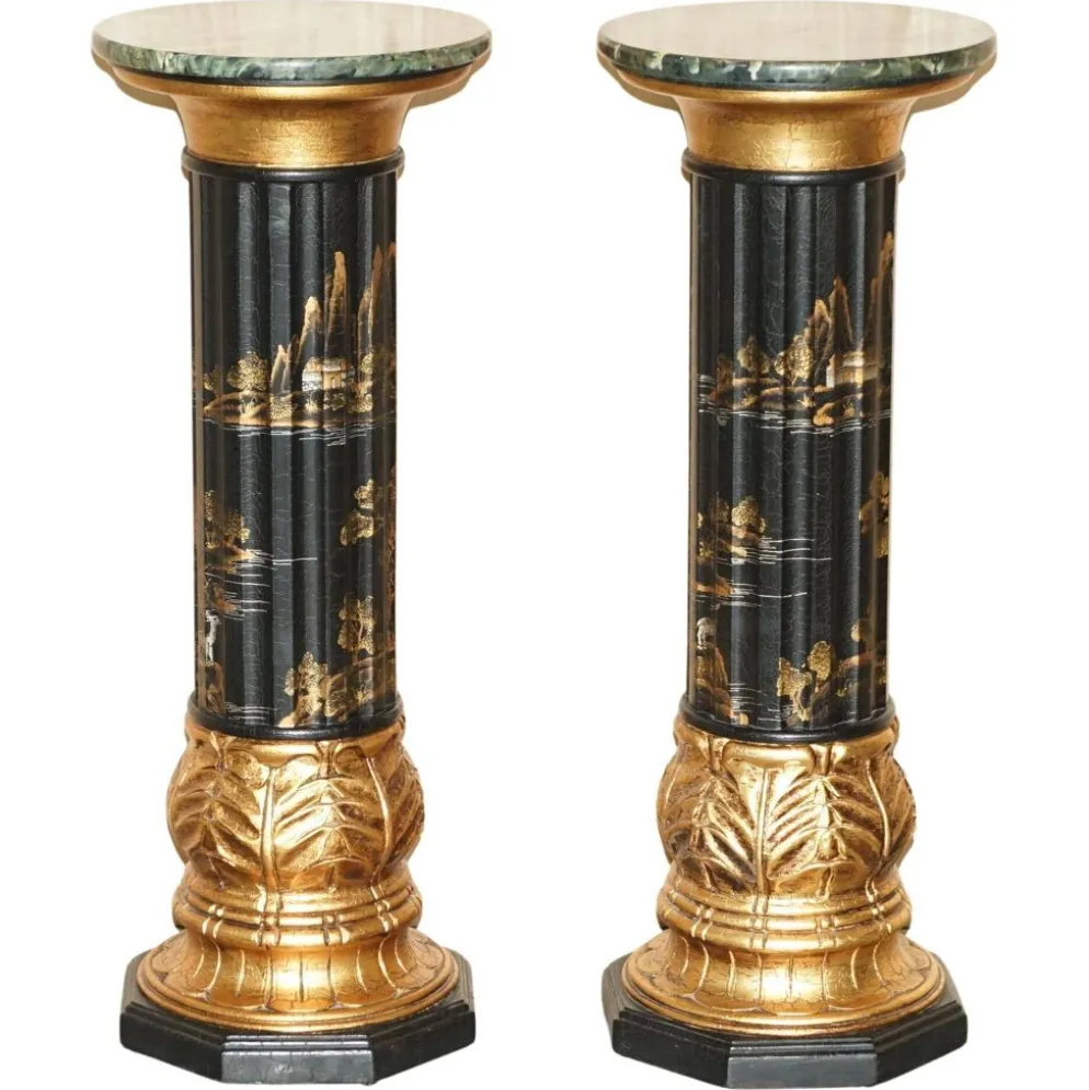 Paire de colonnes torchères laquées style néoclassique Chinoiserie