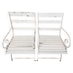 Paire de fauteuils de jardin XIXe, fer forgé & bois, style Restauration