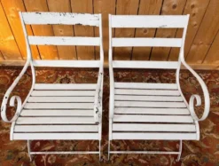 Paire de fauteuils de jardin XIXe, fer forgé & bois, style Restauration