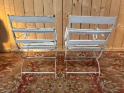 Paire de fauteuils de jardin XIXe, fer forgé & bois, style Restauration