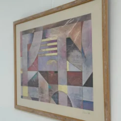 Paire de grandes lithographies abstraites géométriques en mixed media de Richard Hall avec de l'or.