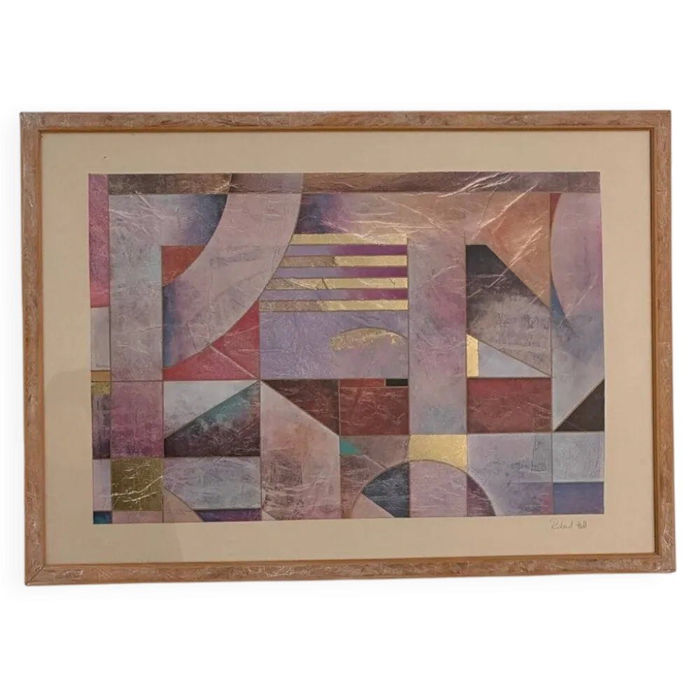 Paire de grandes lithographies abstraites géométriques en mixed media de Richard Hall avec de l'or.