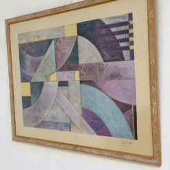 Paire de grandes lithographies abstraites géométriques en mixed media de Richard Hall avec de l'or.
