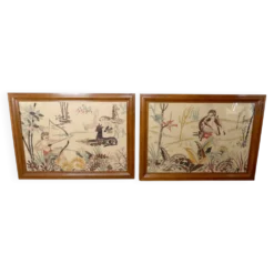 Paire de grandes tapisseries brodées Art Déco, décor de chasse/mythe, 1930